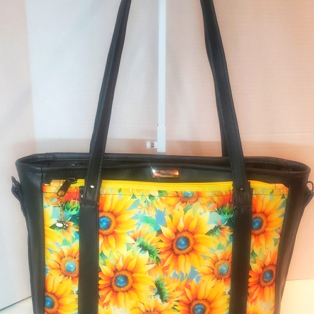 Handmade Sunflower Print Tote Bag with Black Accents